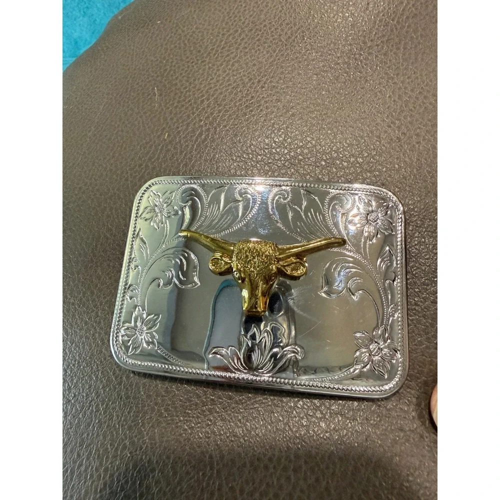 Western Longhorn Bull Belt‎ Buckle Silver Gold Tone Engraved Floral Rodeo Large